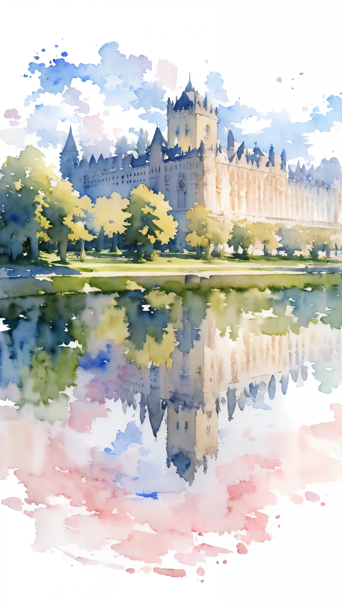 (masterpiece:1.2, Highest quality),(Very detailed),(((watercolor))),8K,wallpaper,Landscape of France,Chateau de Versailles,(((透明watercolor)))