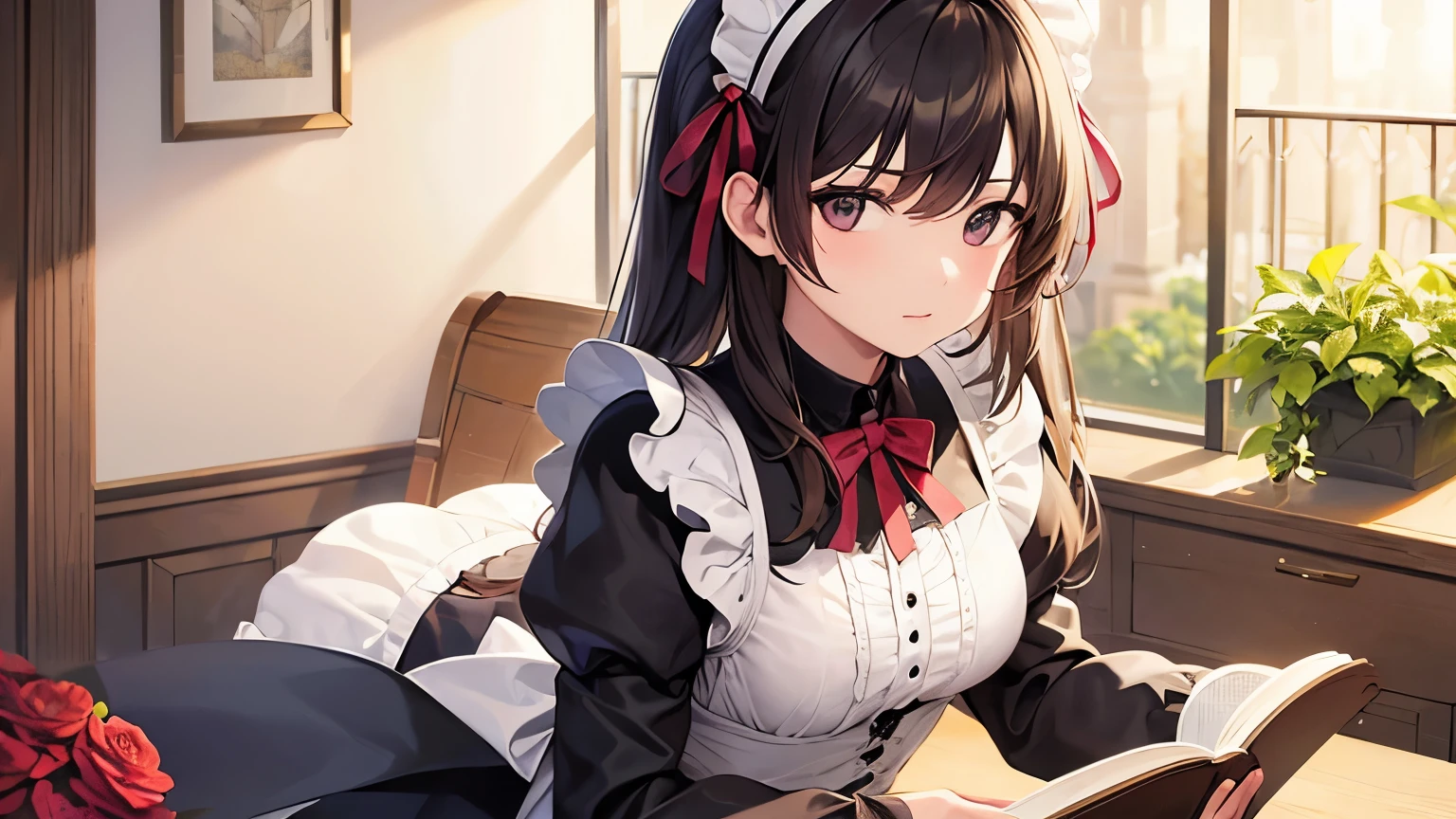 (Highest quality)), ((masterpiece)), (detailed), One Girl, Maid clothes、Upper Body、Medium Chest、holding a book in hand
