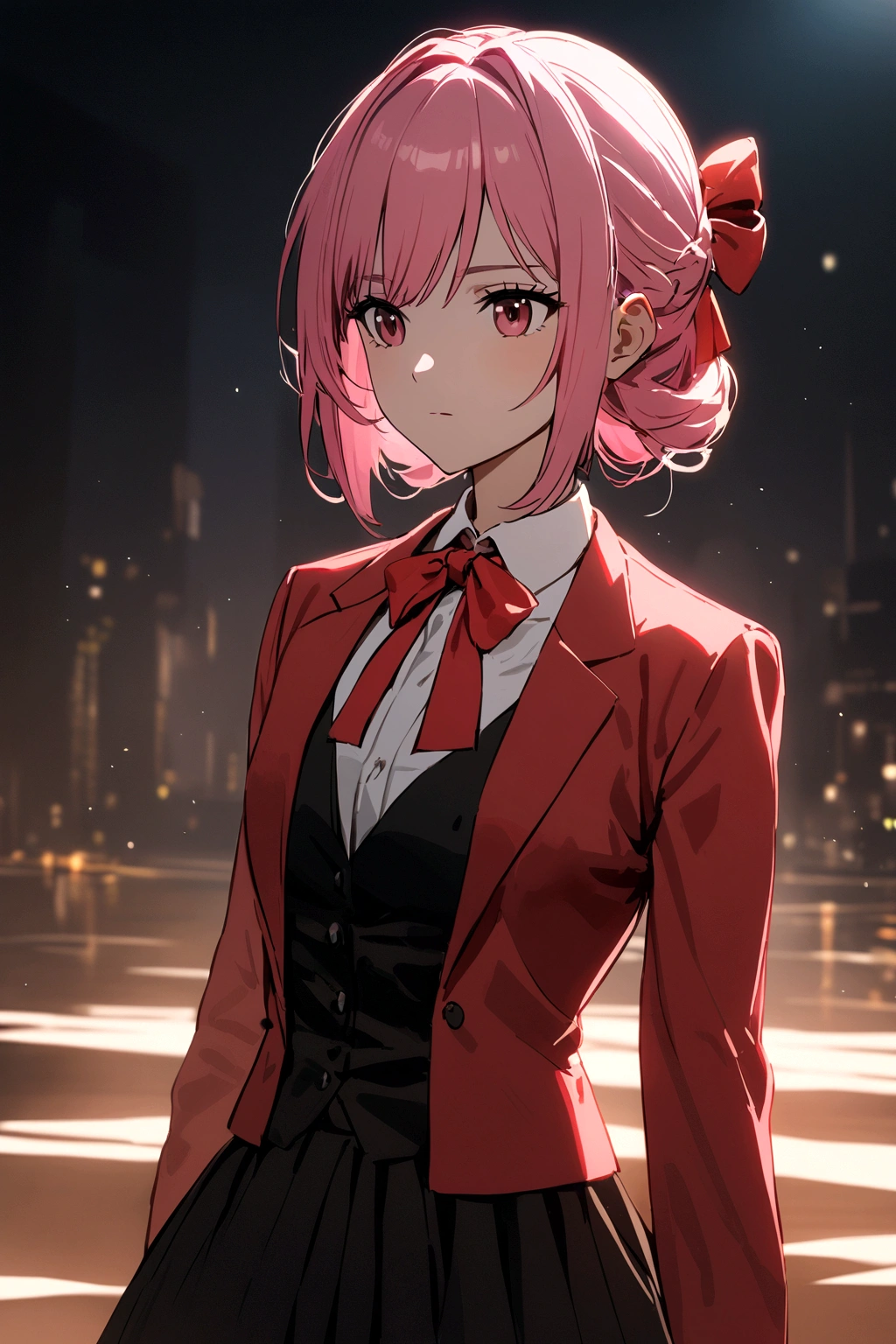 Girl with pink hair, in formal wear with red sleeves, in a black skirt, with a red bow on his head
