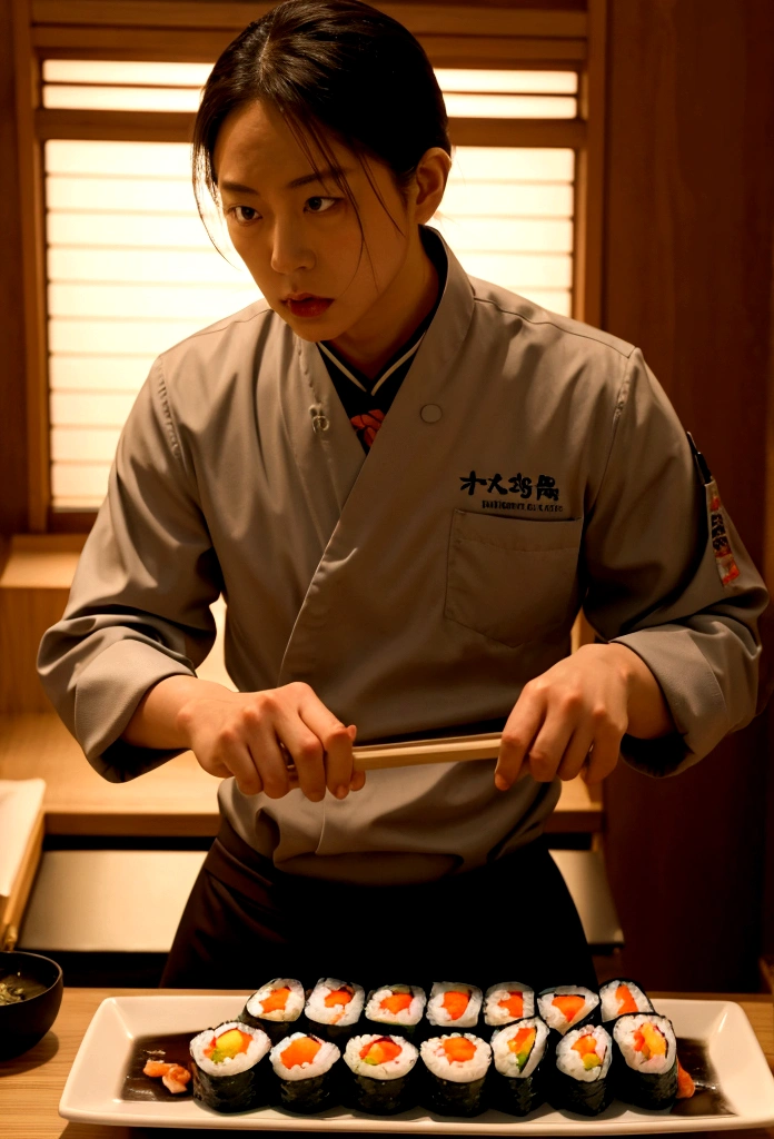 Create an image of a Japanese chef's knife with slight curves at the top .and an anatomically shaped wooden handle.