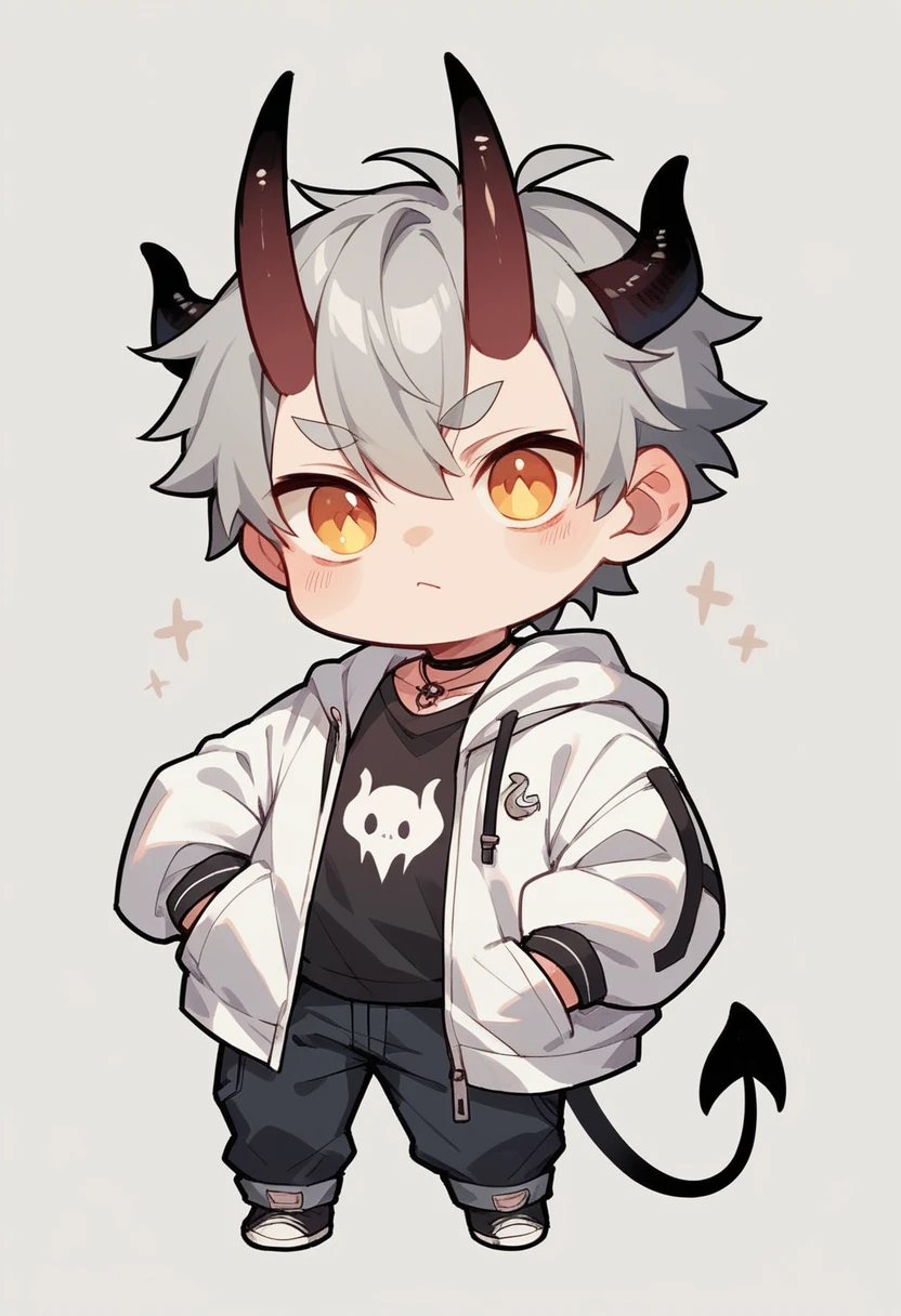 chibi drawing, Boy, white, with gray hair, wearing a white hoodie and black demon horns,