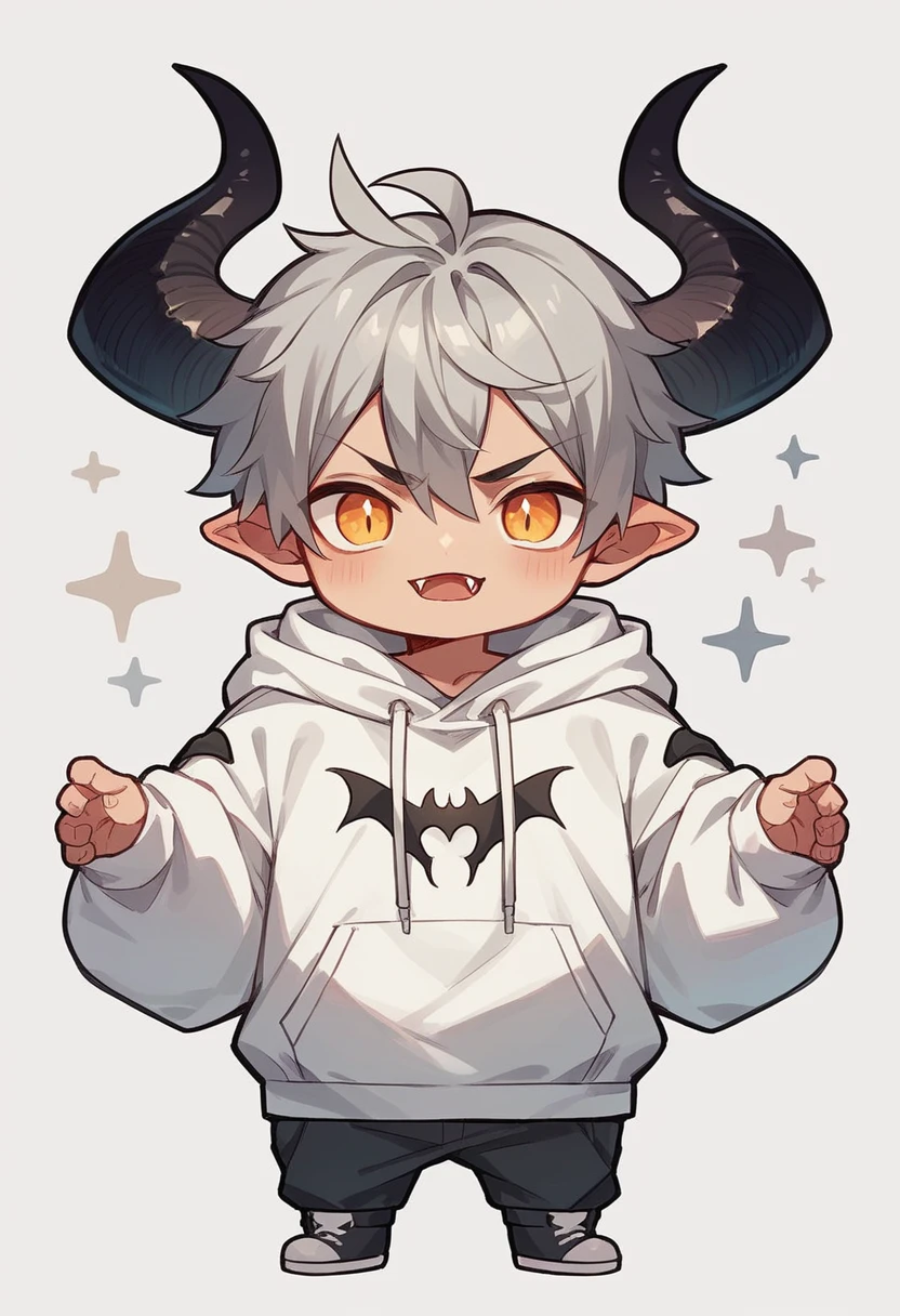chibi drawing, Boy, white, with gray hair, wearing a white hoodie and black demon horns,