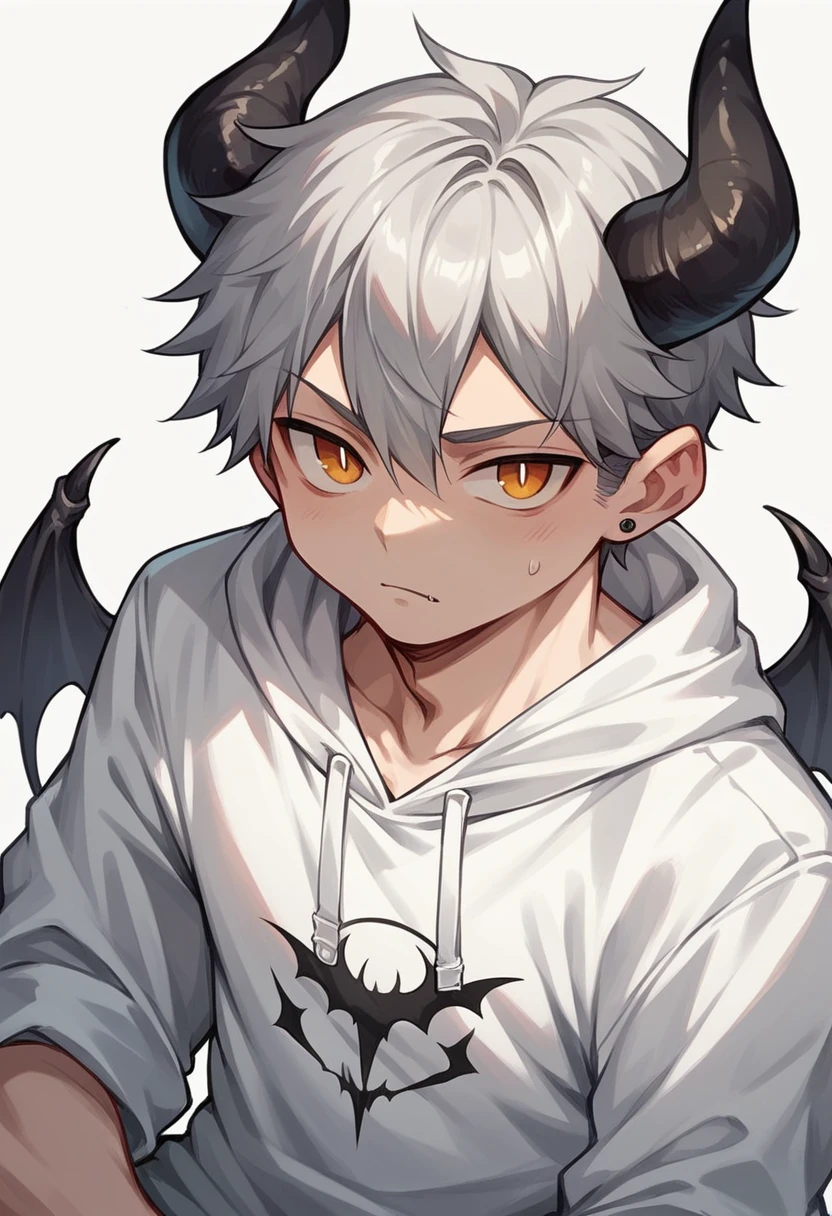 chibi drawing, Boy, white, with gray hair, wearing a white hoodie and black demon horns,