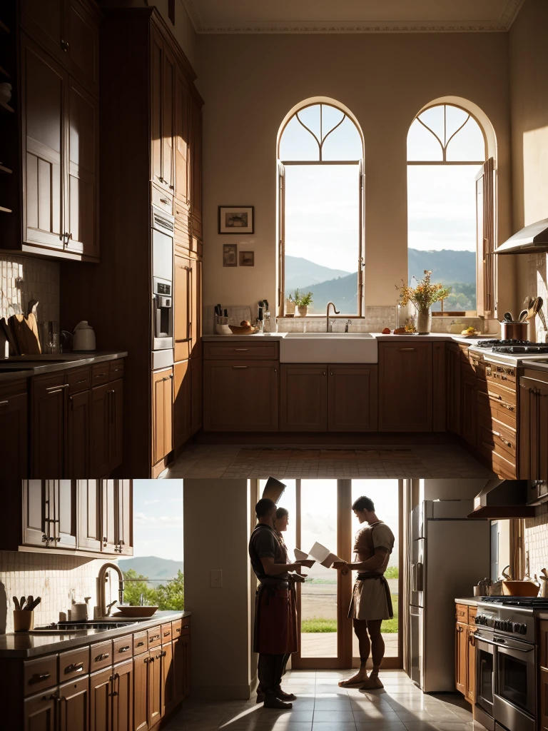 1 man , 2 wife in the kitchen, romanthic momen, standing against the kitchen wall in a dramatic setting, hyperrealistic 