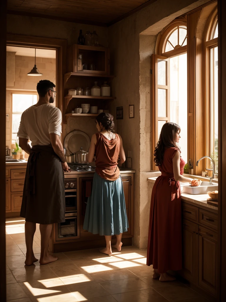 1 man , 2 wife in the kitchen, romanthic momen, standing against the kitchen wall in a dramatic setting, hyperrealistic 