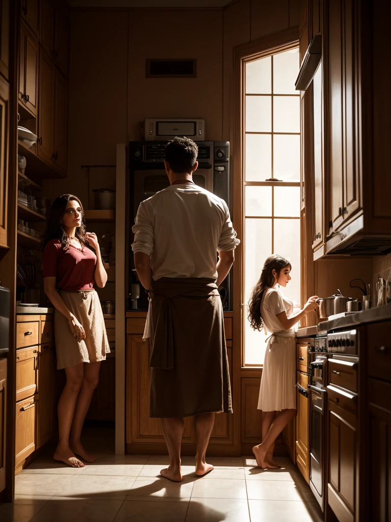1 man , 2 wife in the kitchen, romanthic momen, standing against the kitchen wall in a dramatic setting, hyperrealistic