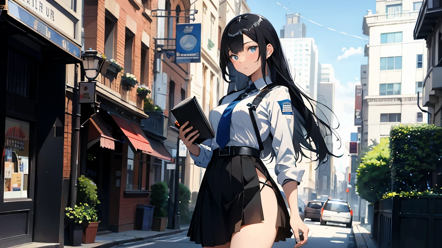 An absurd solution, High resolution, (masterpiece:1.4), Super detailed, One girl,Blue Eye Color, Long black hair，Wear a police uniform and a short skirt, City streets,Sexy posture, The camera is close to the body,holding a book in hand