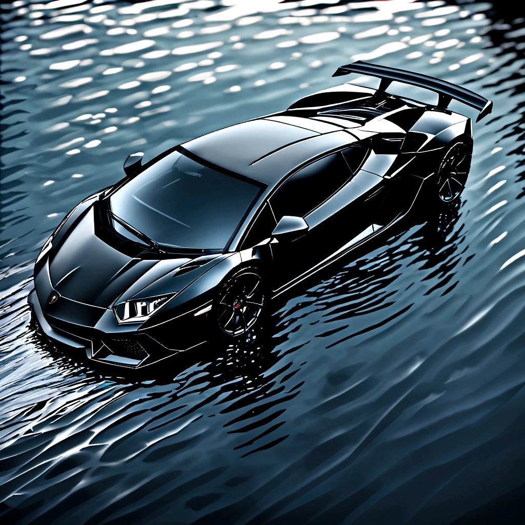 detailed hyperrealistic photo of a full black lamborghini car, running on the surface of the water, backlit, cinematic color tones, shot with canon 5dmax 4 camera, 1:1 aspect ratio