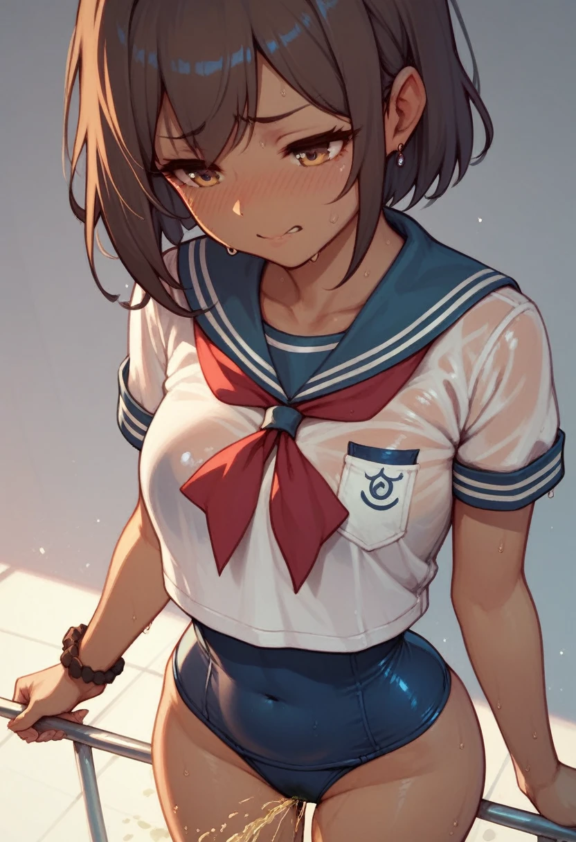 Primary school students beautiful girl (((Dark brown skin))) Princess Connect Peeing Sailor suit School Swimsuit sweat Cradling face with both hands wariza Embarrassing