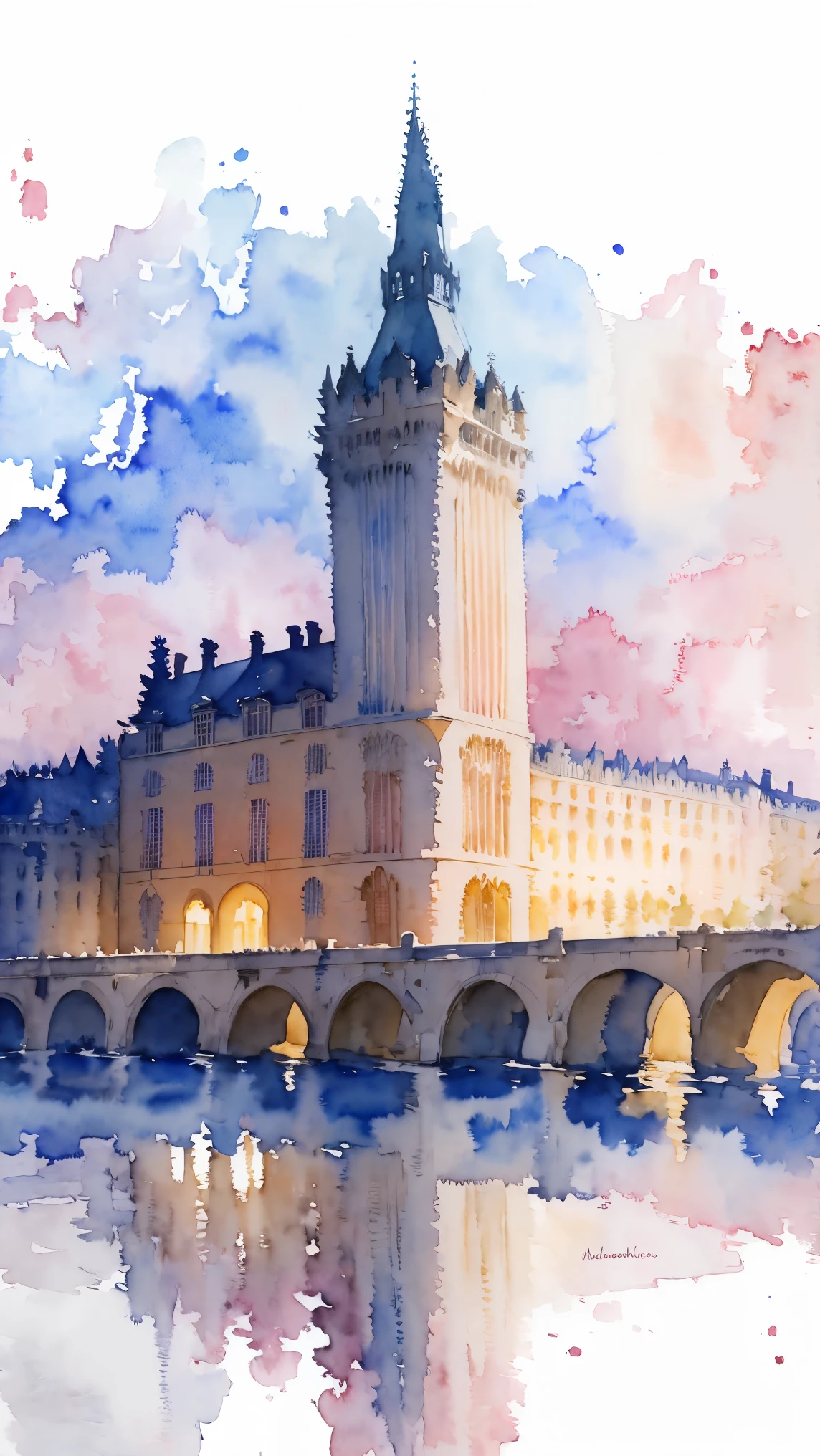 (masterpiece:1.2, Highest quality),(Very detailed),(((watercolor))),8K,wallpaper,Landscape of France,Chateau de Versailles,night,(((透明watercolor)))