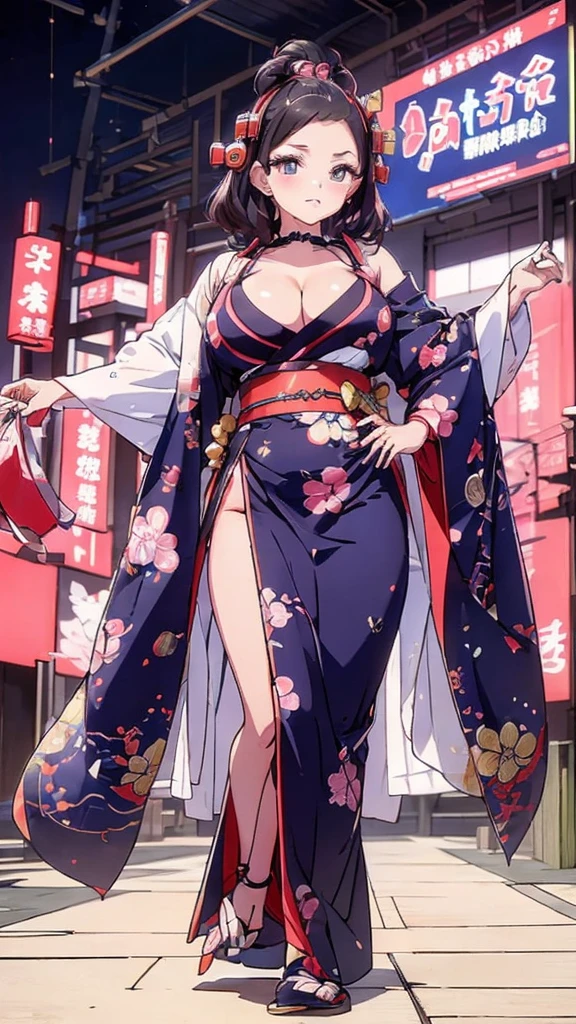 Japanese traditional clothing, Katsushika Hokusai Style, (cyber punk) (neon)