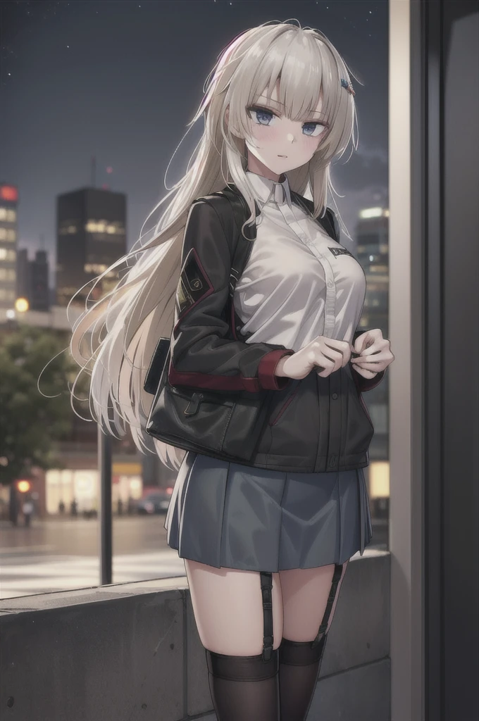 Masterpiece, 1girl, solo ak-74m, female, standing, outdoor, white shirt, night, 4k, Bokeh, looking at viewers, straight face, blue skirt, BREAK shirt, long skirt , mature women, cowboy shot's, hands inside pocket