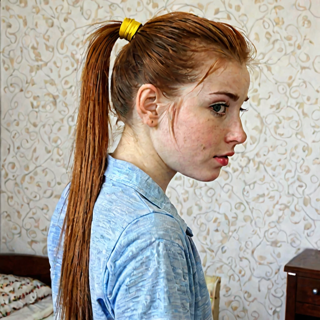 Redhead ponytail hair pale skin kurdish teen in room