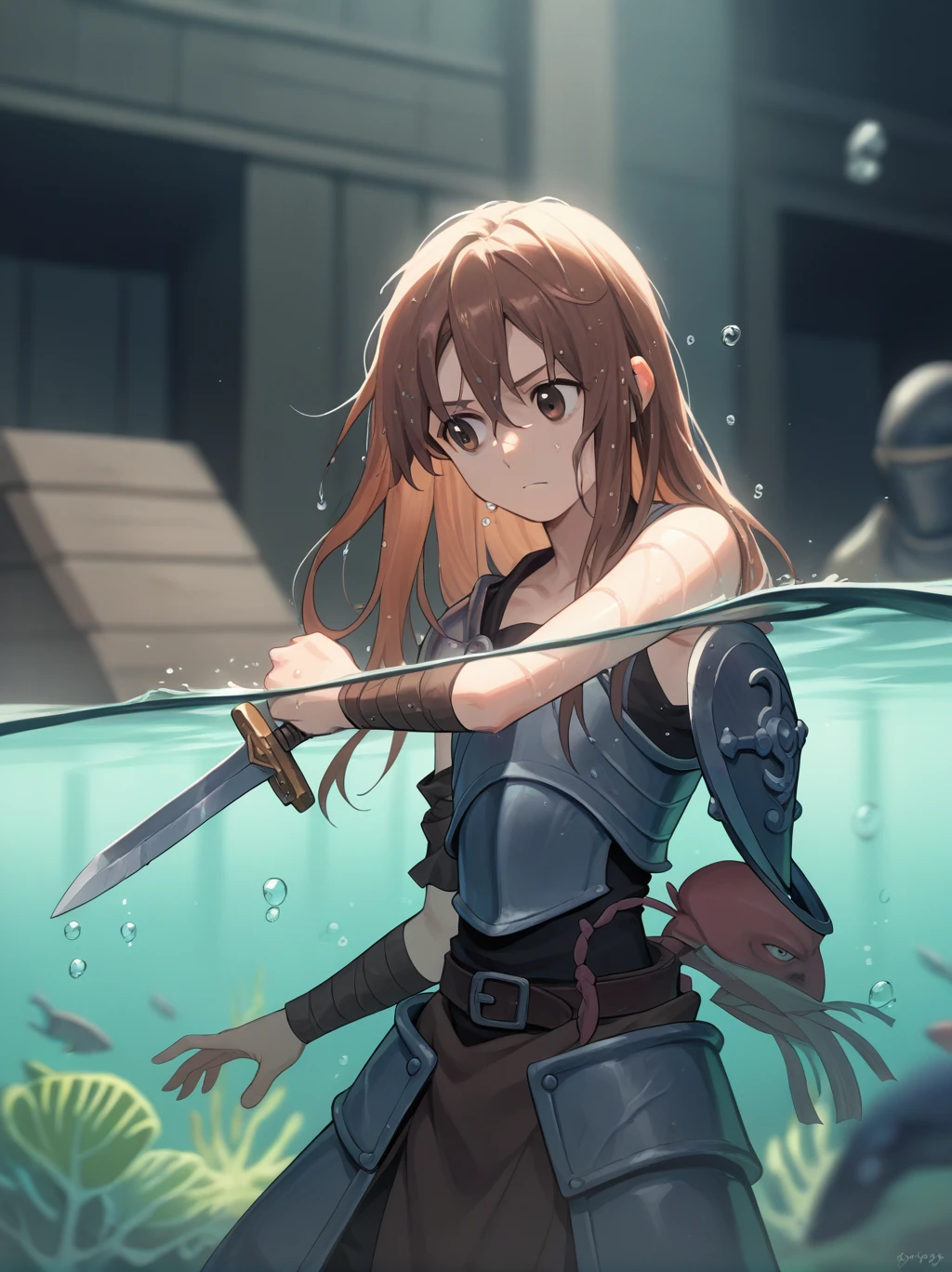 Partially underwater,最high quality,high quality, 4--old,Long Hair, Brown Hair, Wet Hair,  Blurred Edges,Flat Chest,Pitch-dark underground labyrinth,No light,Leather armor,Equipped with a dagger and a shield,Face above water,Body in water, Underwater Photography,The robe rolls up due to buoyancy