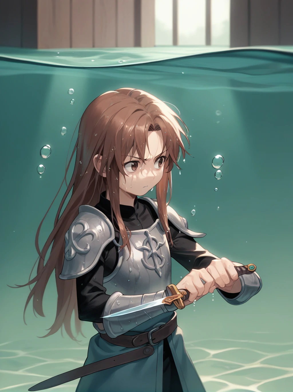 Partially underwater,最high quality,high quality, 4--old,Long Hair, Brown Hair, Wet Hair, Blurred Edges,Flat Chest,Pitch-dark underground labyrinth,No light,Leather armor,Equipped with a dagger and a shield,Face above water,Body in water, Underwater Photography,The robe rolls up due to buoyancy