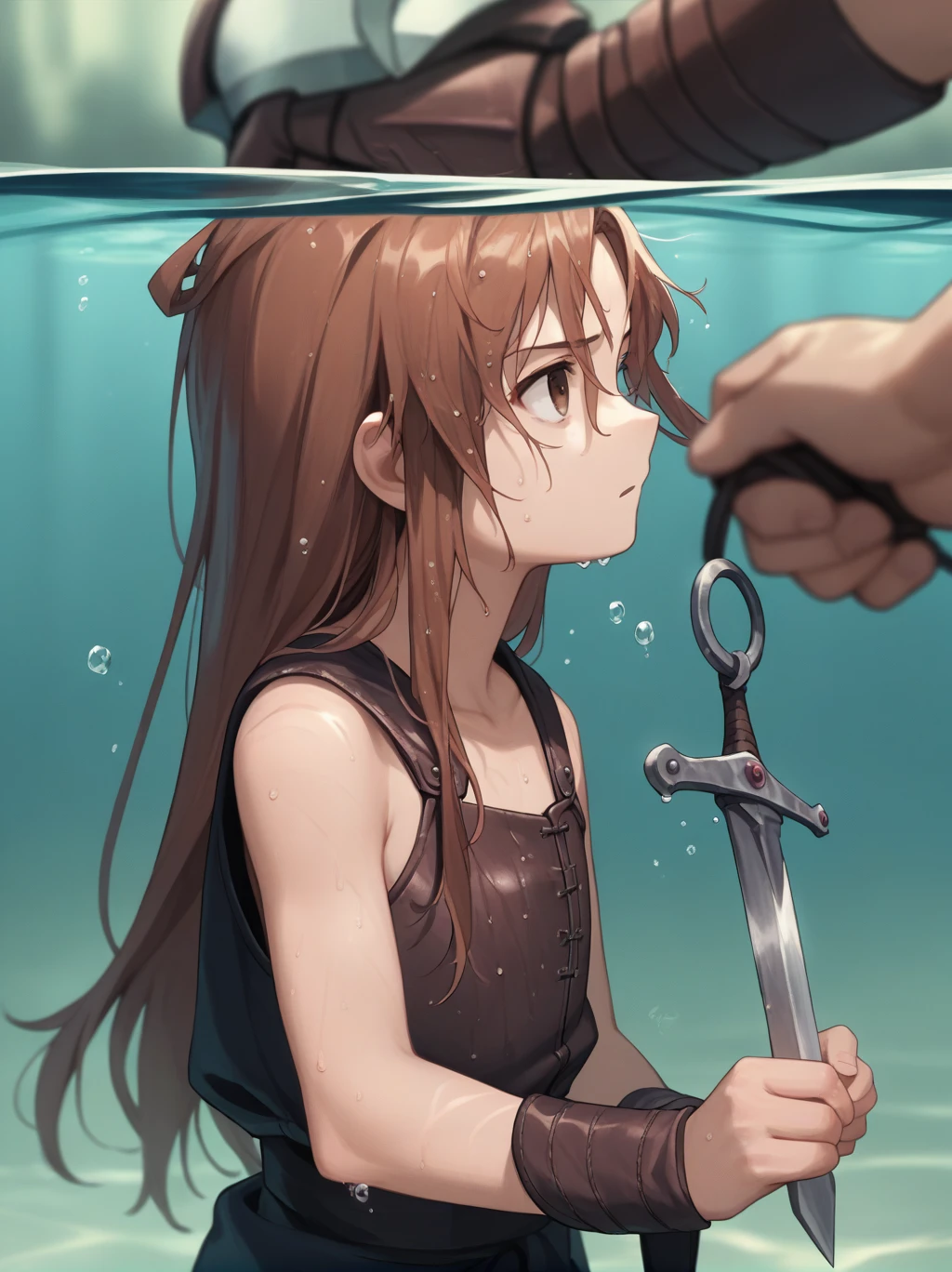 Partially underwater,最high quality,high quality, 4-year-old, , Long Hair, Brown Hair, Wet Hair,  Blurred Edges,Flat Chest,Pitch-dark underground labyrinth,No light,Leather armor,Equipped with a dagger and a shield,Face above water,Body in water, Underwater Photography,The robe rolls up due to buoyancy