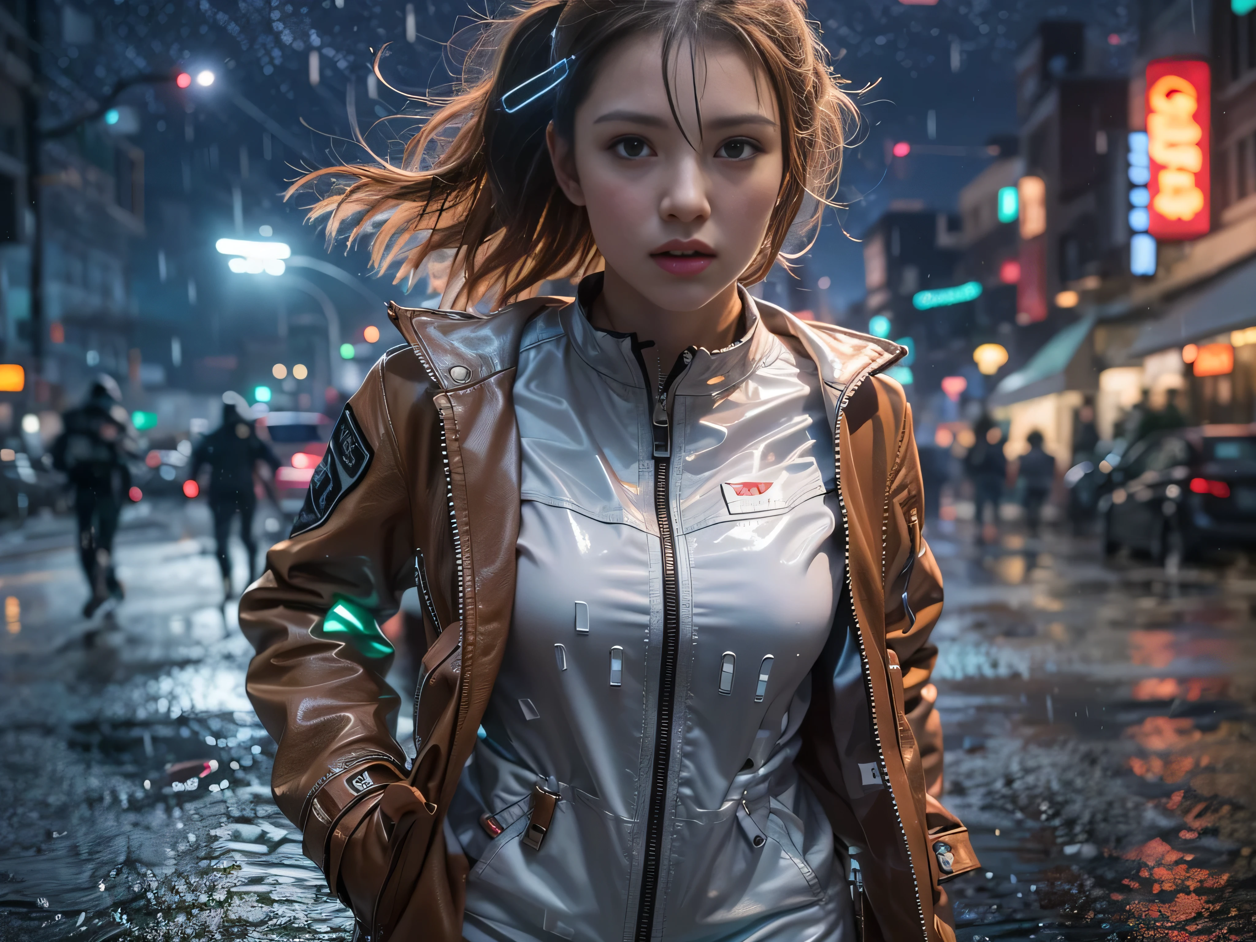 (RAW quality:1.4), Best image quality, Cinema Lighting, Octane Rendering, Ultra Sharp, 1 girl, Japanese, Troubled face, Glowing Skin, Detained fugitives, (Running at full speed:1.4), Brown Hair, Shortcuts, All-white pilot suit:1.3, Cleavage, cyber punk, A night sky filled with countless twinkling stars, Shining Milky Way, heavy rain:1.3, What's left behind, Laser beam attack, Big Explosion:1.3, Pillar of Fire:1.2, City in flames, flood, Wet Hair:1.5, Wet Skin:1.5, puddle, Fine Eyes, Fine skin, Camel Toe, Intensely detailed image quality, 8mm fisheye lens, Angle looking up from below:1.2, (Full body angle), Soaking wet, The shutter speed is fast,