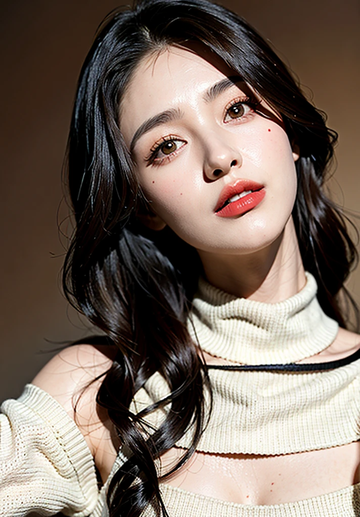 1girl hd, sweater, hd background, Red lips, Brown eyes, long black hair, focus on face and neck, elegant neckline