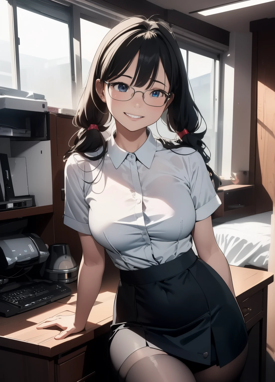 (masterpiece、最high quality、最high quality、Official Art、Beautiful and beautiful:1.2)、(One girl:1.3)Hatsune Miku、Twin tails,Beautiful breasts,masterpiece, 最high quality, high quality, High resolution, high quality texture, high quality shadows, High resolution, Beautiful details, Detailed CG, Detailed Texture, Realistic representation of face, Realistic, colorful, delicate, Cinematic Light, Side light, Lens flare, Ray Tracing, sharp concentrate, (1 Girl,concentrate:1.3), ( Intricate details, Compensate, PureErosFaceV1:0.5), (細部まで美しいdelicateな顔, 緻密で美しいdelicateな瞳, Perfect Facial Proportions, dense skin, Optimal ratio of four fingers to one thumb,Unified 8k wallpaper, Place your arms under your chest, Modest chest, Wide Hips, Smooth upper abdomen, Age 35, blue eyes, Glasses, Air Fortress Hair, Blonde, housewife, The gaze of true love, Temptation lips, A thoughtful look ,Smile full of love, I love you, Pretending to be in love, I love you so much,
Flight attendant uniform,White blouse,Tight fitting black skirt,Black Stockings, Excellent secretary ,Work as a secretary, Wooden Desk, Wooden chair