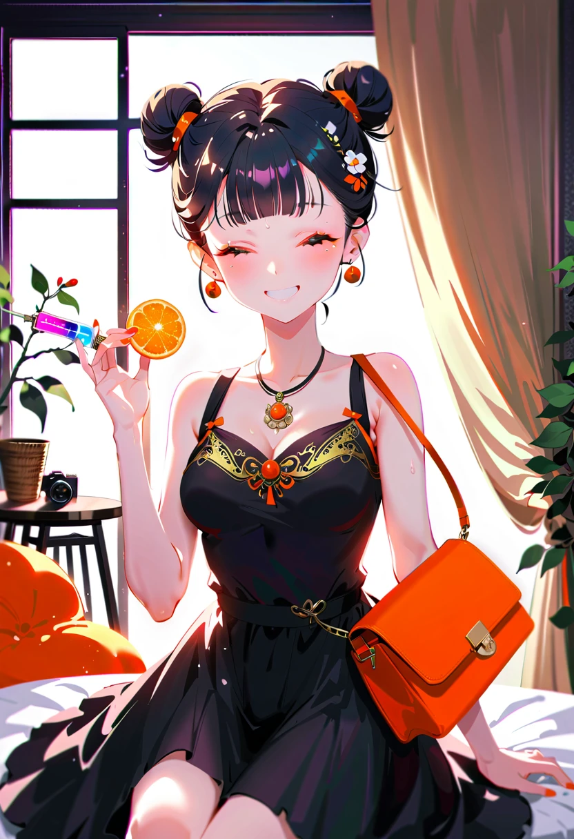Purple hair girl painting、Glass mandarin orange earrings decorate both ears、Eye color: Ocean pink purple、Space Eyes、Inside the room、(((Giant orange shaped cushion)))、((Hugging on a cushion))、Sit down, long hair、Bun Hair、Cool and complicated, Hand holding sliced orange, A very happy expression with plenty of orange juice、((The syringe contains orange juice))、Very embarrassed、The best smile、Open your mouth wide、Grin、Eyes closed、((Purple and black dress))、((Syringe Shoulder Bag)), Fun and lively characters, close( Perfect Anatomy )、Beautiful, translucent white skin、A purple dress slightly damp with sweat、Underwear is visible、quality\(8K,Highly detailed CG unit wallpaper, masterpiece,High resolution,top-quality,top-quality real texture skin,Super two-dimensional,Increase the resolution,RAW Photos,highest quality,Very detailed,wallpaper,Ray-tracing,Golden Ratio\),[Browsing Caution]、White and orange theme、Everything is orange except for the outfit, hairstyle, and eye color.、barefoot,Love Hotel