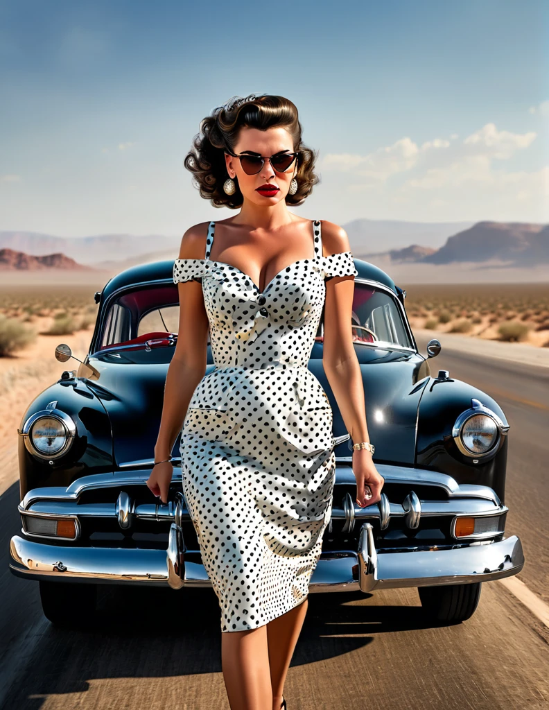 1950s style, angry woman in a polka dot dress, leaving her broke down and steam comes out of her Hudson Hornet classic car, walking towards camera, fists clenched, empty highway in the desert, perfect face, ultra sharp focus, high quality, ultra high resolution, cinematic, masterpiece, Annie Leibovitz Photography Style