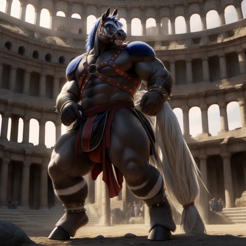 Furry, Kemono, Antropomorphic, Horse, solo, (Color White), Furry Antropometric legs, Hooves, Antro body, Bigg Ass, Male Bulge, Bigg Balls, Full body, Braided Mane, Roman gladiator armor, Gladiator, Black leather harness, Spiked Anklet, White fitted fundoshi, Roman arena, Blue Pupil Eyes, High Resolution, 4K Detailed, Good Lighting, Beautiful, Photorealistic, Realistic, White Fundoshi, tight loincloth, tale, tale horse