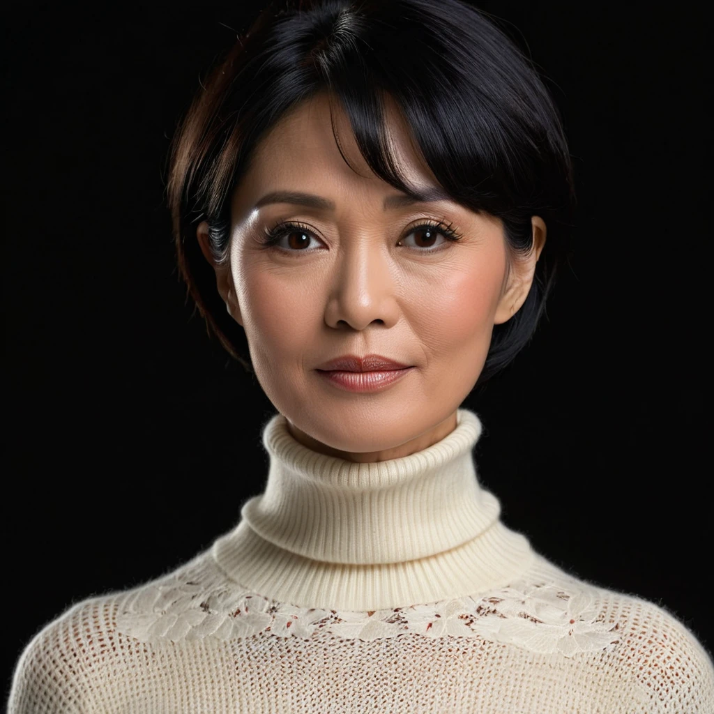 a fifty year lady, Indonesian face, elegant, short black hair, ivory turtle neck sweater,, stunning, peaceful face, 8k, ultra detailed, solid black background