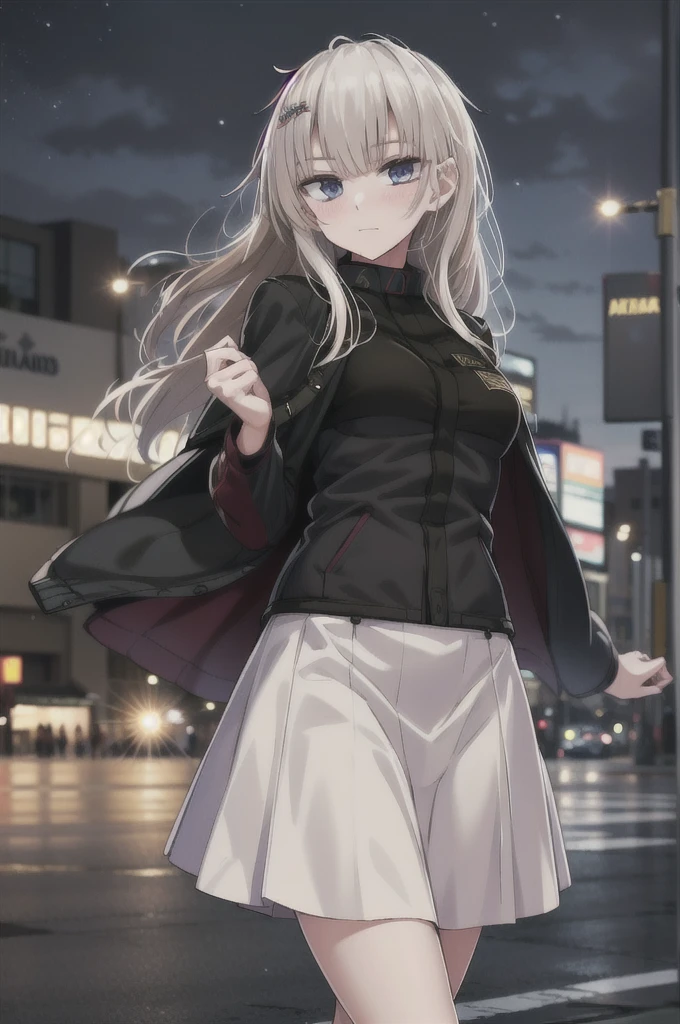 Masterpiece, 1girl, solo ak-74m, female, standing, outdoor, white shirt, night, 4k, Bokeh, looking at viewers, straight face, open jacket, BREAK shirt, long skirt , mature women, cowboy shot's, jacket