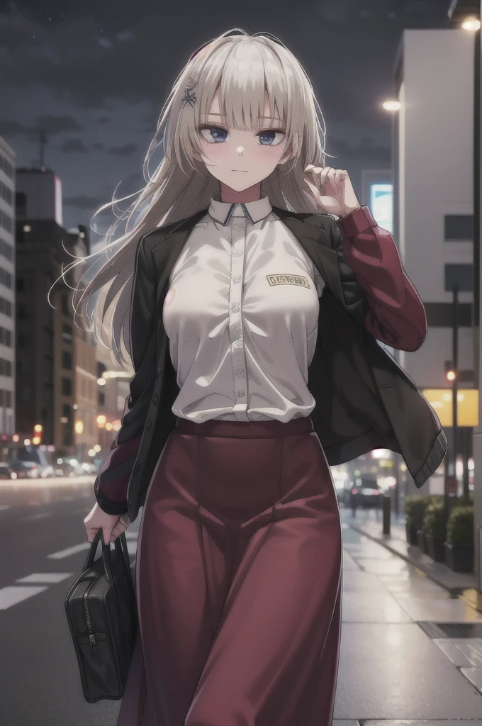 Masterpiece, 1girl, solo ak-74m, female, standing, outdoor, white shirt, night, 4k, Bokeh, looking at viewers, straight face, open jacket, BREAK shirt, long skirt , mature women, cowboy shot's, jacket