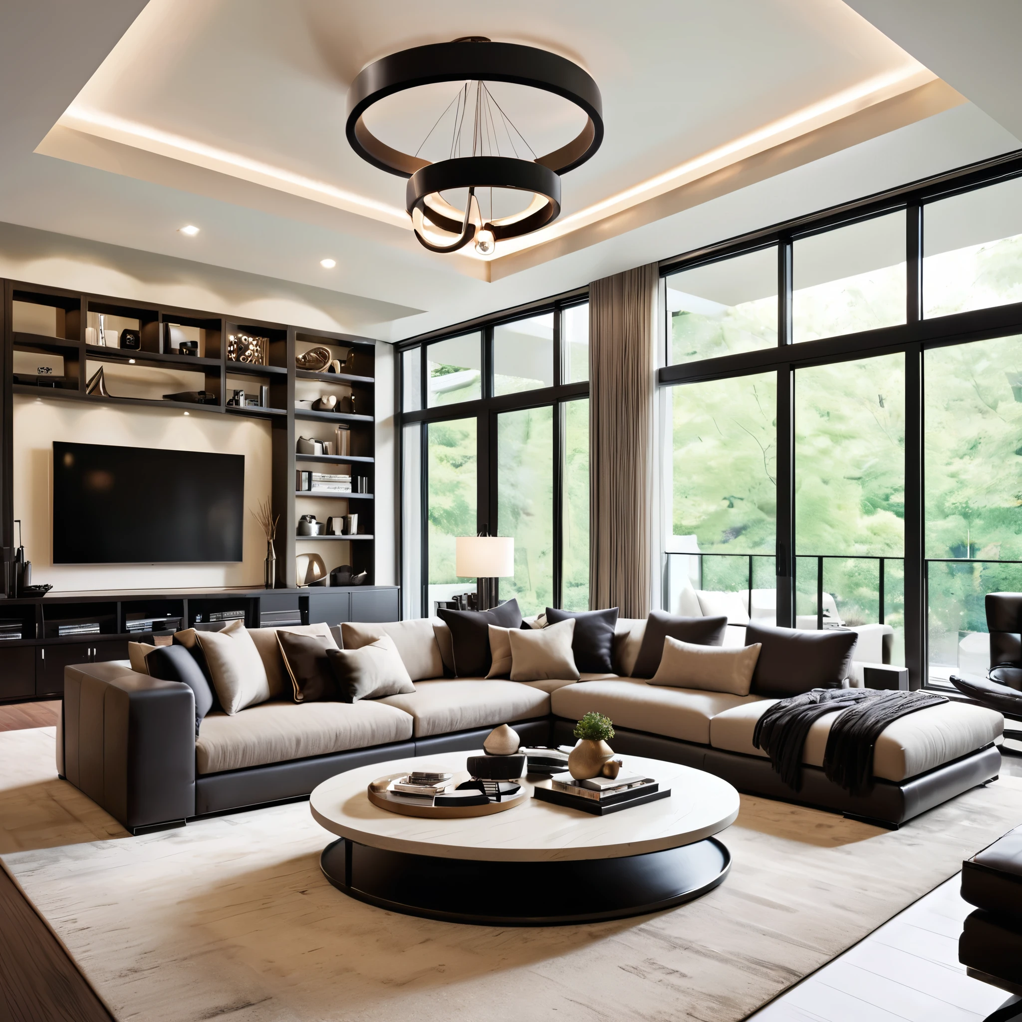 Create a sleek and elegant living room with a modern design. The room should have high ceilings and large floor-to-ceiling windows that bring in natural light. Furnish the space with a spacious sectional sofa adorned with neutral and dark pillows, a contemporary round coffee table, and an entertainment center with integrated shelves. Install circular pendant lights from the ceiling for a touch of sophistication. Decorate the shelves with a few decorative items and books to complete the stylish look.
