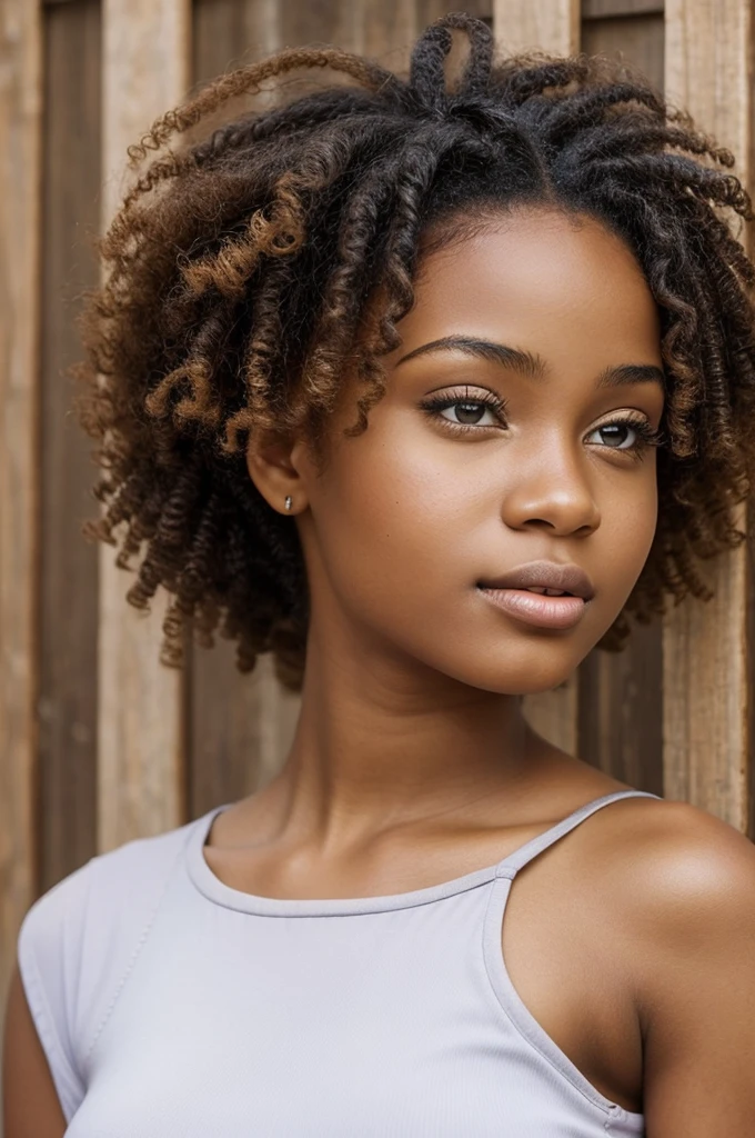  a beautiful ager (16 - 18 years old) , light-skinned African woman. She should have a well-formed, curvy body and full, luscious lips. Her face should be strikingly beautiful with prominent, captivating features. Her hair can be styled in natural curls or a sleek
