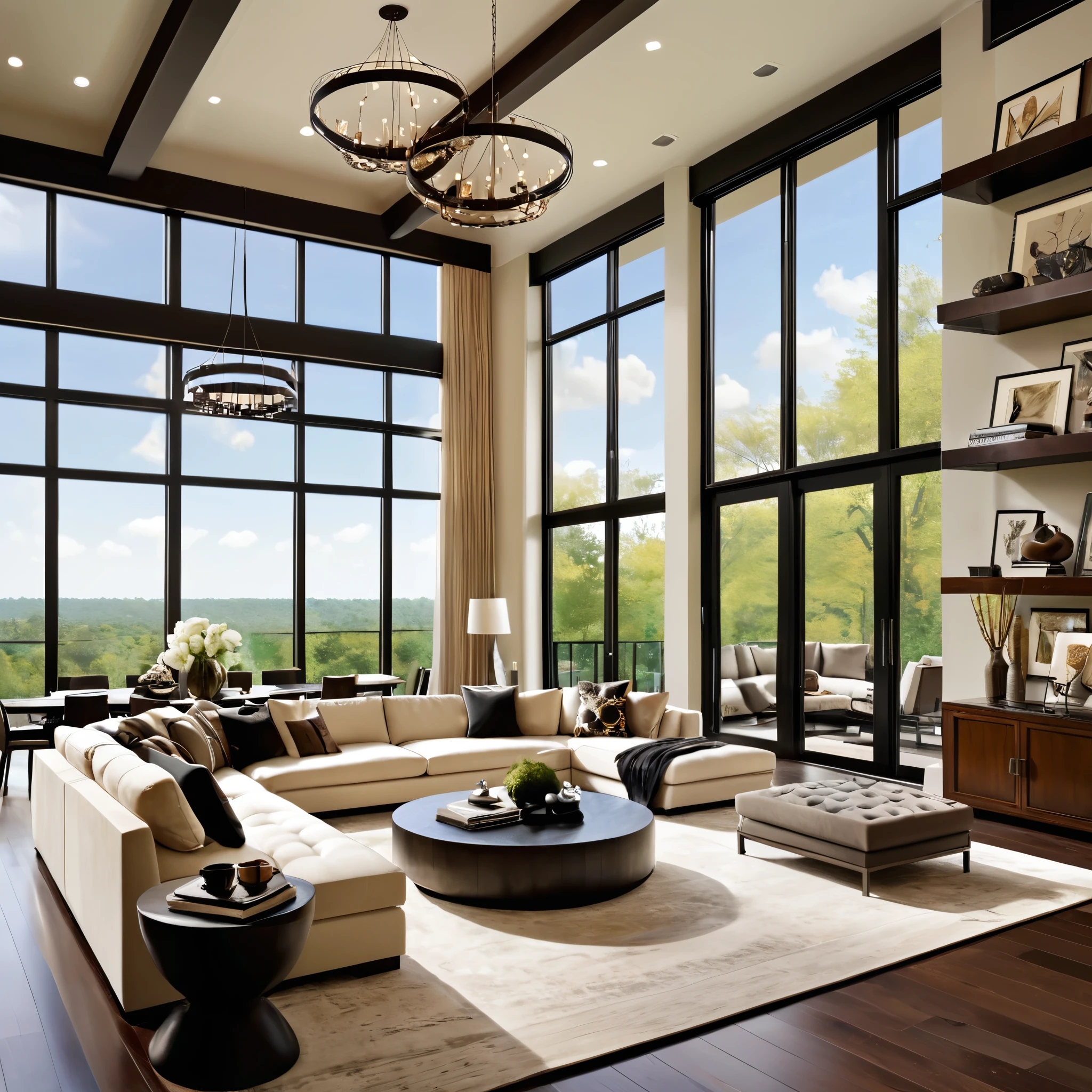 Architectural interior design living room with high walls.. glass wall , Classic furniture, Elegant interior, Soft lighting and tall curtains, night