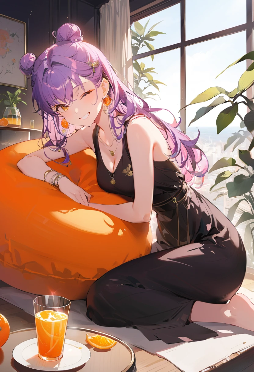Purple hair girl painting、Glass mandarin orange earrings decorate both ears、Eye color: Ocean pink purple、Space Eyes、Inside the room、(((Giant orange shaped cushion)))、((Hugging on a cushion))、Sit down, long hair、Bun Hair、Cool and complicated, Hand holding sliced orange, A very happy expression with plenty of orange juice、((The syringe contains orange juice))、Very embarrassed、The best smile、Open your mouth wide、Grin、Eyes closed、((Purple and black dress))、((Syringe Shoulder Bag)), Fun and lively characters, close( Perfect Anatomy )、Beautiful, translucent white skin、A purple dress slightly damp with sweat、Underwear is visible、quality\(8K,Highly detailed CG unit wallpaper, masterpiece,High resolution,top-quality,top-quality real texture skin,Super two-dimensional,Increase the resolution,RAW Photos,highest quality,Very detailed,wallpaper,Ray-tracing,Golden Ratio\),[Browsing Caution]、White and orange theme、Everything is orange except for the outfit, hairstyle, and eye color.、barefoot,Love Hotel