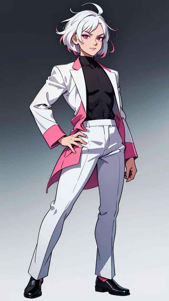 short white hair, highres, high resolution, masterpiece, wide dark pink eyes, talking, grinning, confident, masterpiece, best quality, highres, 1 man, Gojo Satoru jujutsu kaisen, wavy hair, white hair, medium short hair, teenager, colorful hair, light background, full body, teenager, colorful parts, symbols, dark , bold, realistic mixing dark lines and loose lines, bold lines, on paper, human man, full body, imposing pose, stylish outfit, dark theme, beautiful, pretty, modest, standing, male, sharp chin, high cheekbones, white background, highres, high resolution, masterpiece, 1 person, 1 human, 1 entity
