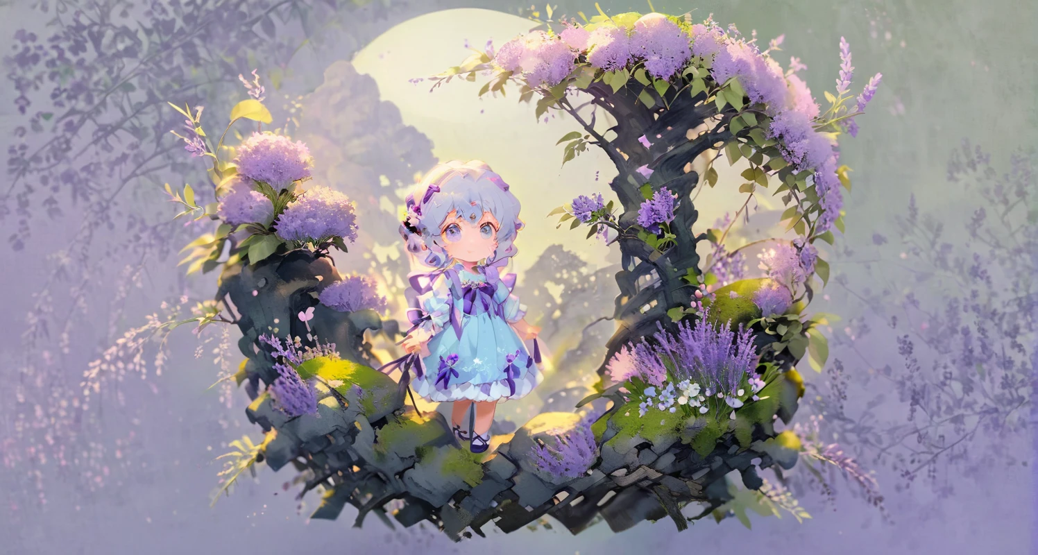 "A cute chibi-style girl with long, curly lavender hair and big blue eyes, standing about 1/3 the height of the image. She is wearing a light blue dress with white frills and purple bows, along with matching purple shoes. The girl is surrounded by lavender flowers that are roughly half her height. The background features soft, pastel-colored flowers and foliage, creating a whimsical and dreamy atmosphere "Create a high-quality, detailed composition featuring [subject]. The main subject should be clearly defined and proportional within the scene, with a focus on [specific details, e.g., clothing, accessories, expressions]. The background should complement the subject with [describe the background elements, e.g., flowers, foliage, architecture], maintaining a cohesive and aesthetically pleasing color palette. Ensure the overall scene is visually balanced and engaging