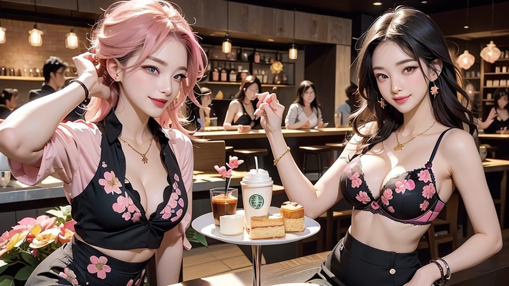 Inside the Starbucks store、24-year-old office lady in a miniskirt suit、Eat cake、Drink coffee、smile、Heart Necklace、Gold bracelet
((Emphasize cleavage))
(((A pink and black floral bra is visible.)))
((((Dark eye makeup))))