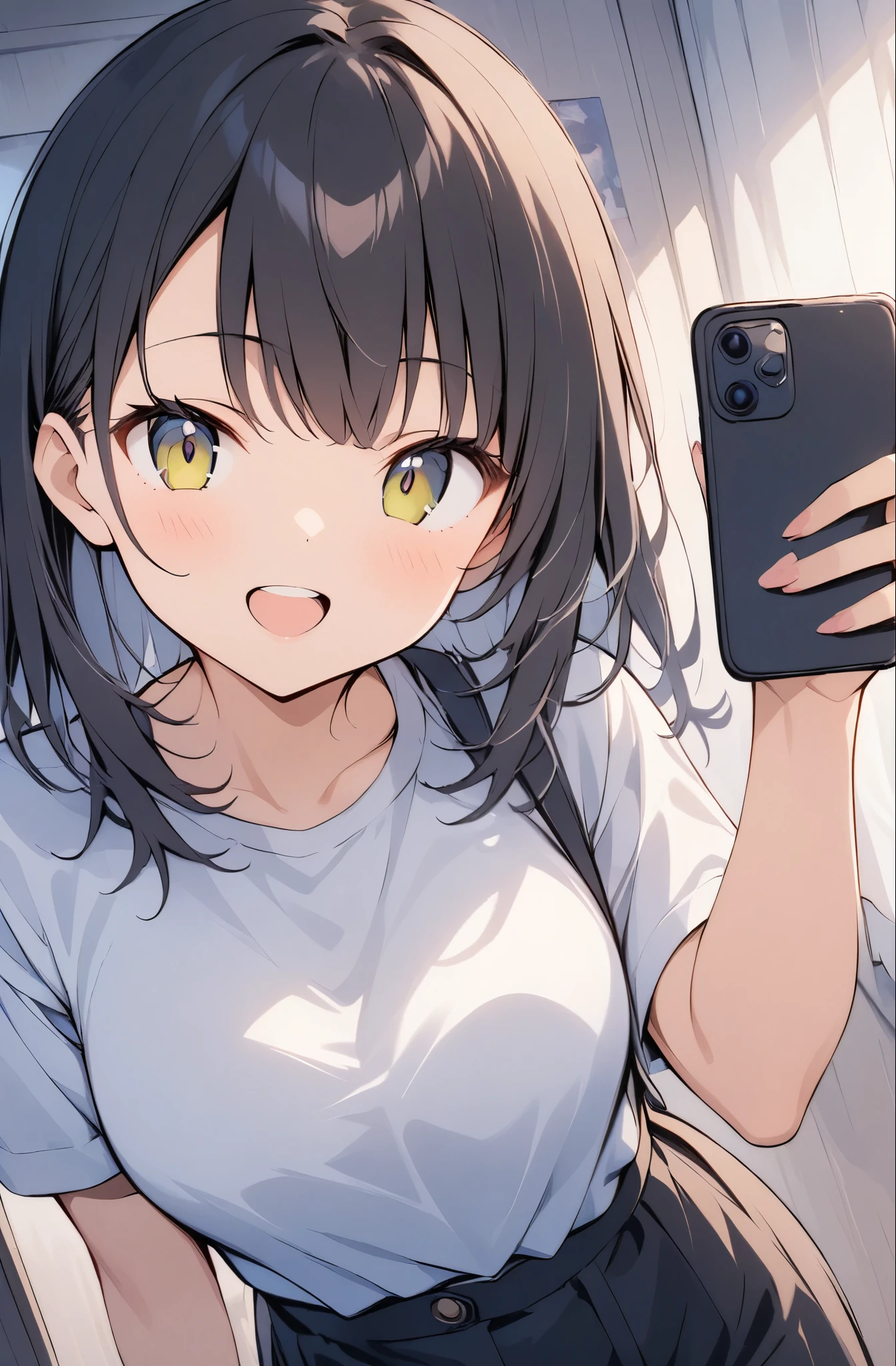 Double teeth、One Girl、(Pose for the camera)、Slightly wide angle、(The background is two-tone)、(Poster-style works、Casual clothing、The slanted eyes are sexy、Selfie