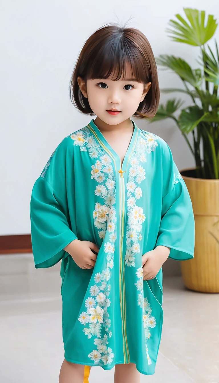 make a daughter about 2 , height 78 cm, short crew cut hair, wearing a long-sleeved kaftan shirt with a color code #b39e9b, wear white shoes, full body, Indonesian children, portrait view