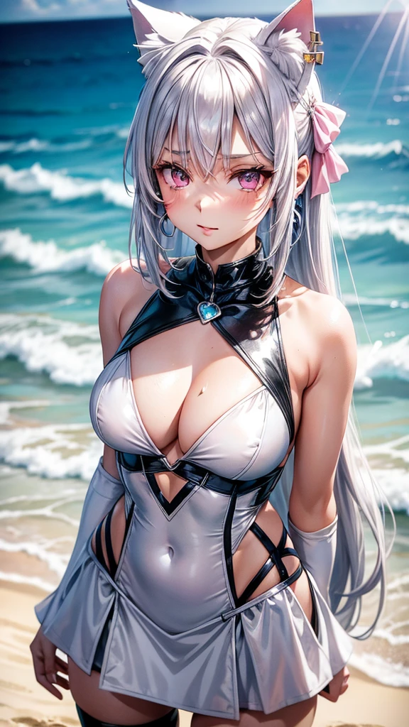 Silver hair, pink eyes, body, cat ears, sexy girl, earrings, beach background fantasy,yellow uniform, hair bow