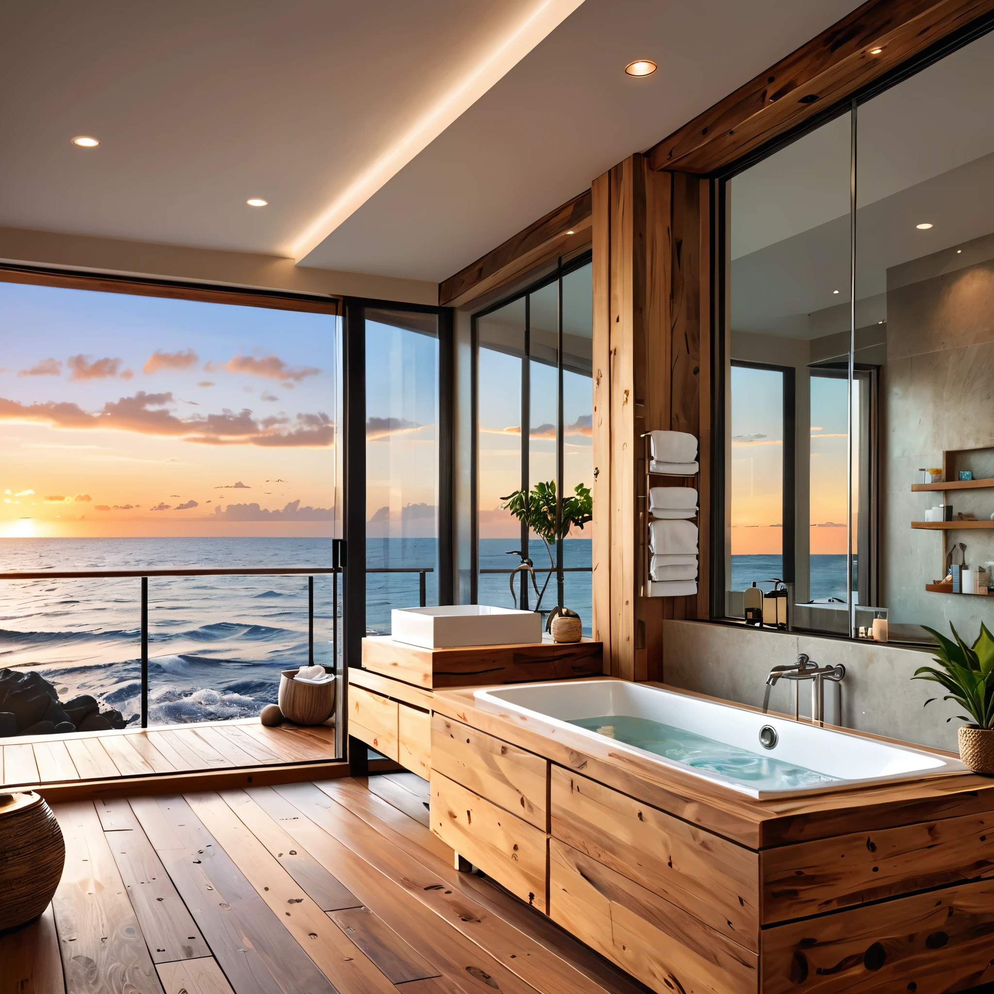 Design a luxurious bathroom with a breathtaking ocean view. The bathroom features large floor-to-ceiling windows that open to a deck overlooking the sea. The space includes a spacious shower area with a glass enclosure, a long wooden vanity with dual sinks, and modern fixtures. Warm, recessed lighting illuminates the room, enhancing the natural wooden elements and creating a cozy atmosphere. A freestanding bathtub is positioned on the deck, allowing for a relaxing bath with a stunning sunset view over the ocean. Add a few potted plants and minimalistic decor to complete the elegant and serene design.
