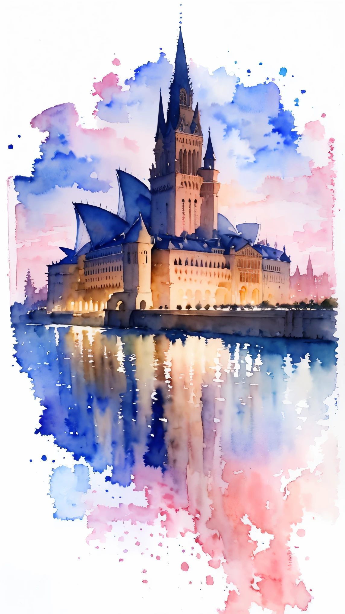 (masterpiece:1.2, Highest quality),(Very detailed),(((watercolor))),8K,wallpaper,Landscape of France,Opera House,night