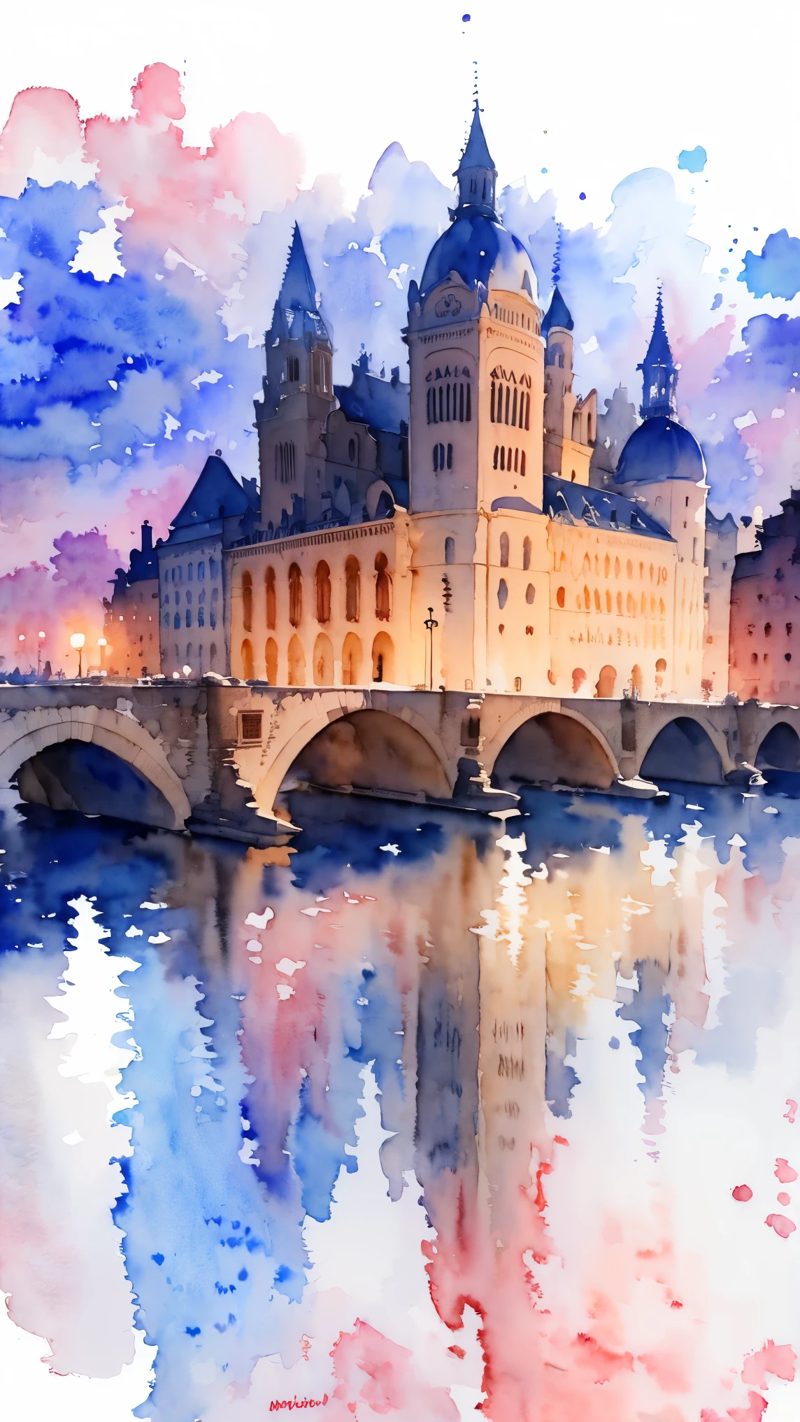 (masterpiece:1.2, Highest quality),(Very detailed),(((watercolor))),8K,wallpaper,Landscape of France,Opera House,night