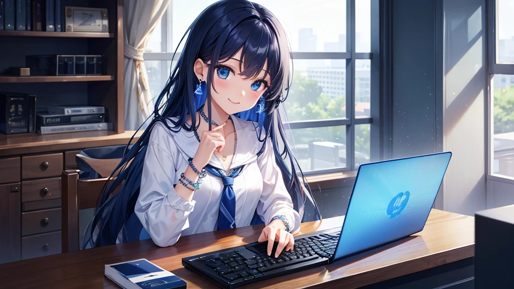 Highest quality、Highest quality、masterpiece、(8K),beauty(Age 25)、Navy blue long hair、Working indoors、Operating a computer、blue eyes、smile、background(Daytime)、Tie your hair with a checked ribbon、Blue bracelet、、Blue Necklace、Blue Earrings