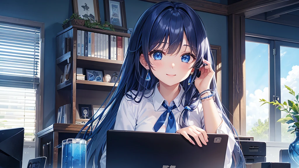 Highest quality、Highest quality、masterpiece、(8K),beauty(Age 25)、Navy blue long hair、Working indoors、Operating a computer、blue eyes、smile、background(Daytime)、Tie your hair with a checked ribbon、Blue bracelet、、Blue Necklace、Blue Earrings