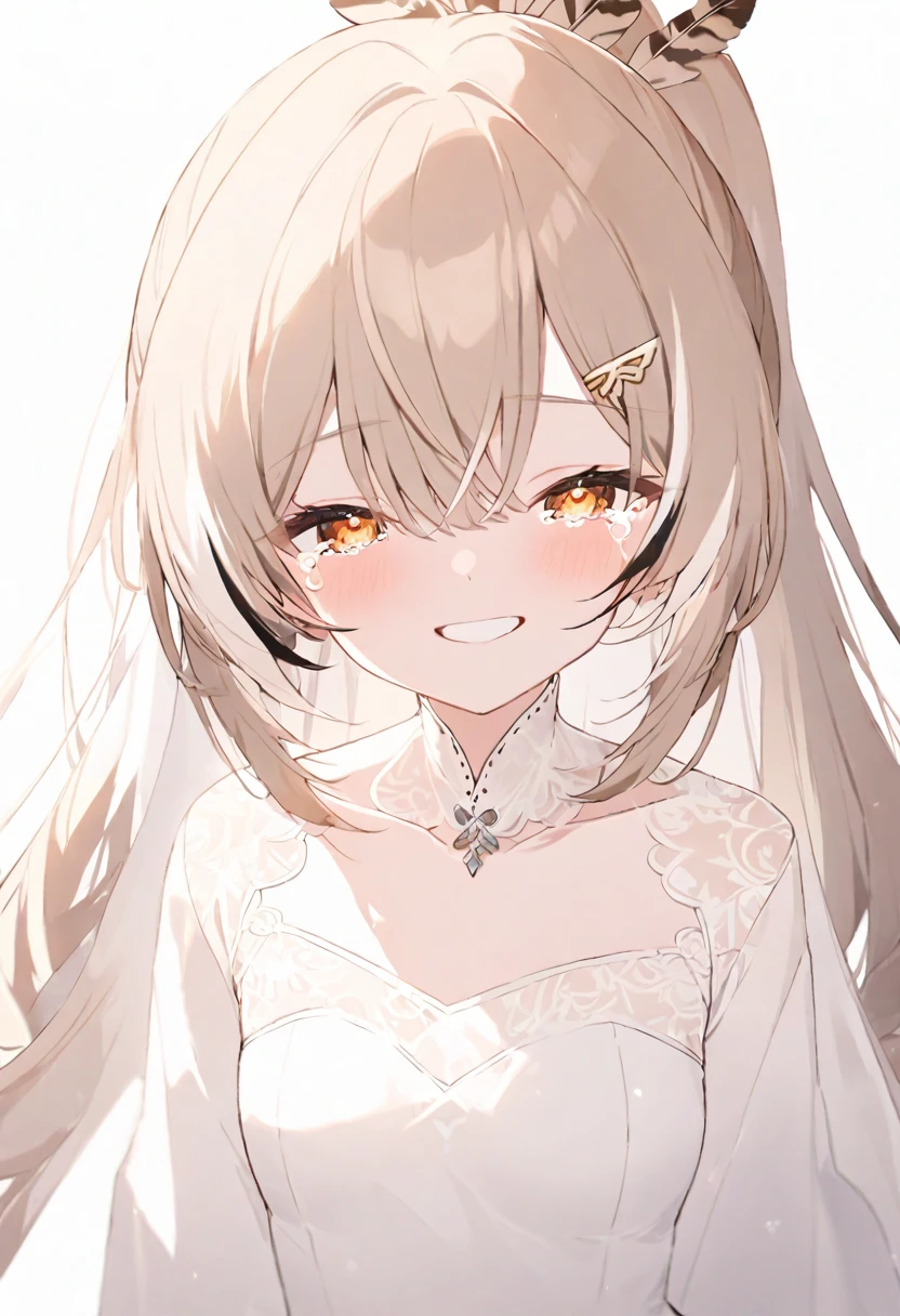 (muste piece), (best quality), very detailed eyes, expressive eyes, perfect face, very detailed face, highly detailed face, beautiful girl, 8K, beautiful girl, white background background, delicate and beautiful face and eyes, dark intense shadow,
1 girl, vtuber style, cool girl, hololive,mumei, ponytail, very long hair, feather hair ornament, hairclip, Wedding dress, small chest, cropped shoulders, clavicle, closing eyes, tears, smile with tears, smile happily, body visible through clothes, chest visible through clothes, (full body), looking at viewer, standing,