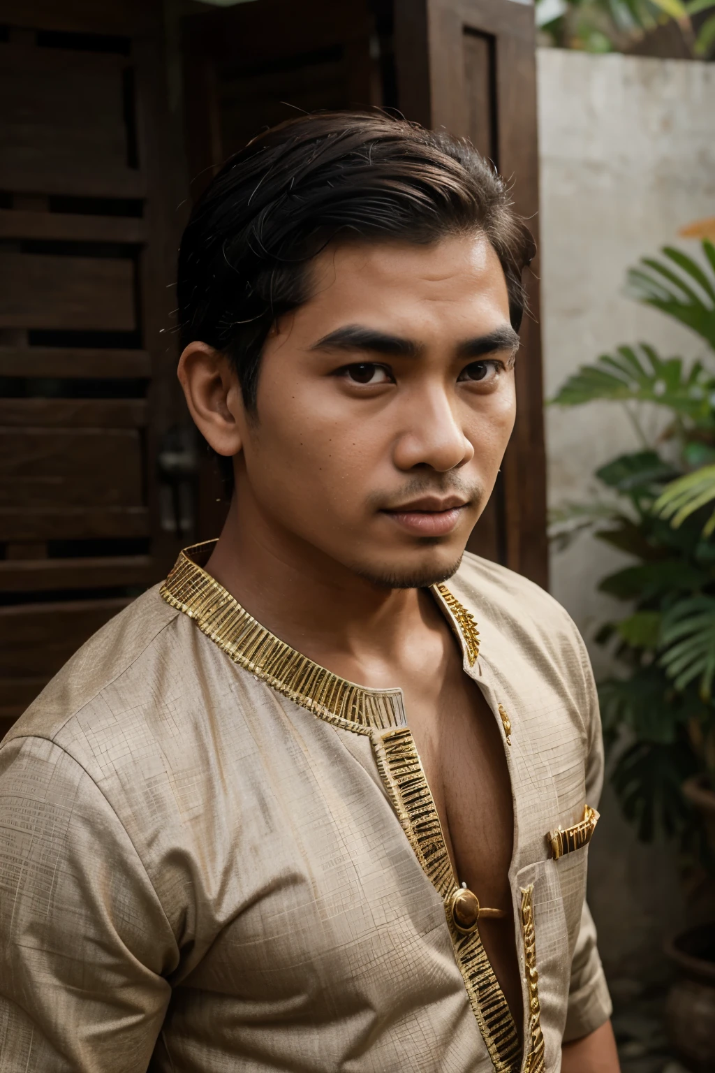 male, Indonesian, Javanese, Sunan Kalijogo, oval face, thick eyebrows, round eyes, sharp nose, brown skin, wearing Javanese blangkon, wearing Javanese traditional clothes, brown and gray horizontal garia.