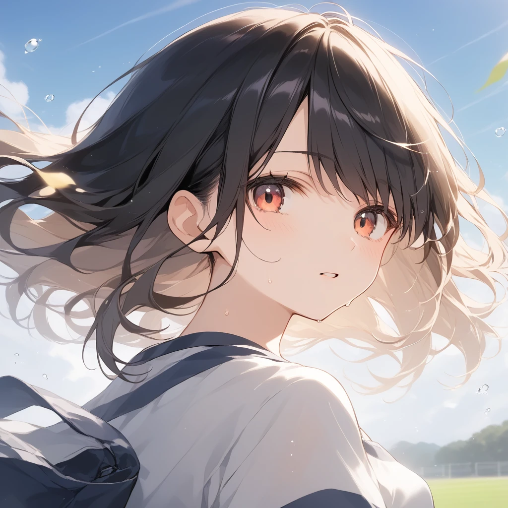score_9, score_8_up, score_7_up, source_anime, best quality, masterpiece, official art, absurdres, highres, ultra-detailed,waifu2x,Collection: Slice of Life,break,1girl, 15-year-old, short hair, black hair, small breasts, beautiful detailed face, beautiful detailed eyes, well-proportioned iris and pupils, parted lips, beautiful detailed lips, gym uniform, byke shorts, sweat, expressionless, sleepily, School, outdoors, wind, break,(clear line illustration:1.2),very high resolution, very aesthetic, super detailed skin, Best cinematic lighting powered by famous artist, 8k, beauty illustration,photoshop_(medium),,(Detailed Lighting),best anime 8k konachan wallpaper, pixiv contest winner,