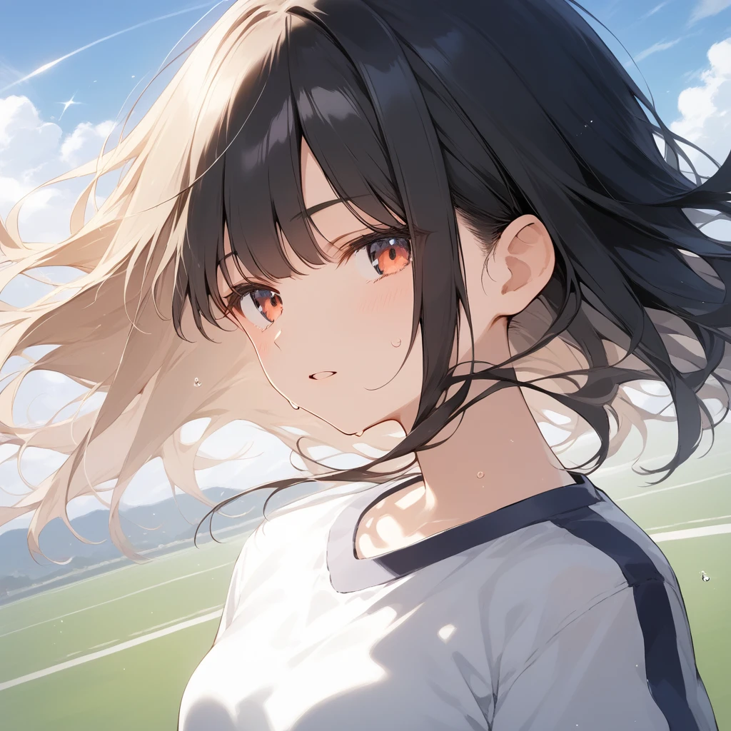 score_9, score_8_up, score_7_up, source_anime, best quality, masterpiece, official art, absurdres, highres, ultra-detailed,waifu2x,Collection: Slice of Life,break,1girl, 15-year-old, short hair, black hair, small breasts, beautiful detailed face, beautiful detailed eyes, well-proportioned iris and pupils, parted lips, beautiful detailed lips, gym uniform, byke shorts, sweat, expressionless, sleepily, School, outdoors, wind, break,(clear line illustration:1.2),very high resolution, very aesthetic, super detailed skin, Best cinematic lighting powered by famous artist, 8k, beauty illustration,photoshop_(medium),,(Detailed Lighting),best anime 8k konachan wallpaper, pixiv contest winner,