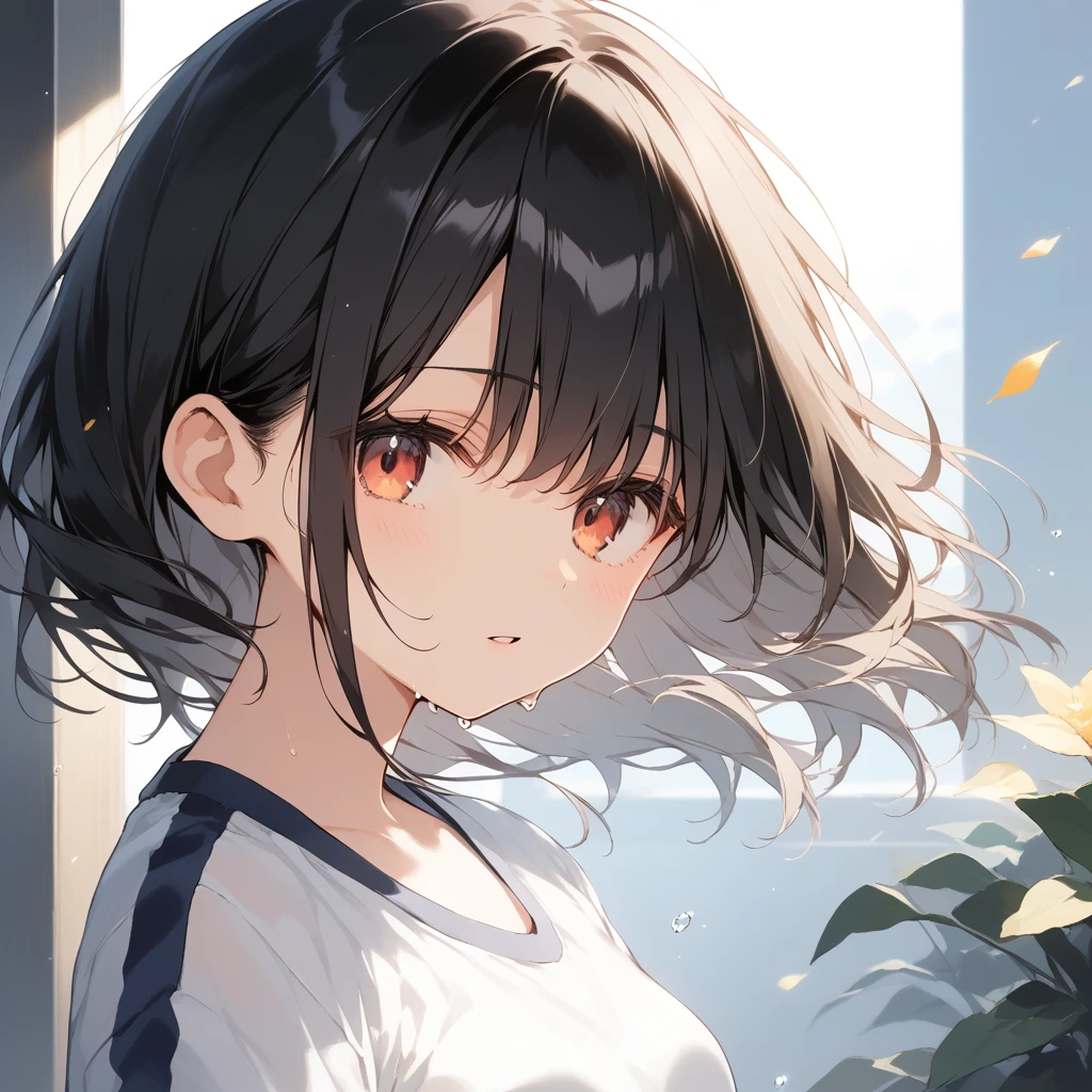 score_9, score_8_up, score_7_up, source_anime, best quality, masterpiece, official art, absurdres, highres, ultra-detailed,waifu2x,Collection: Slice of Life,break,1girl, 15-year-old, short hair, black hair, small breasts, beautiful detailed face, beautiful detailed eyes, well-proportioned iris and pupils, parted lips, beautiful detailed lips, gym uniform, byke shorts, sweat, expressionless, sleepily, School, outdoors, wind, break,(clear line illustration:1.2),very high resolution, very aesthetic, super detailed skin, Best cinematic lighting powered by famous artist, 8k, beauty illustration,photoshop_(medium),,(Detailed Lighting),best anime 8k konachan wallpaper, pixiv contest winner,