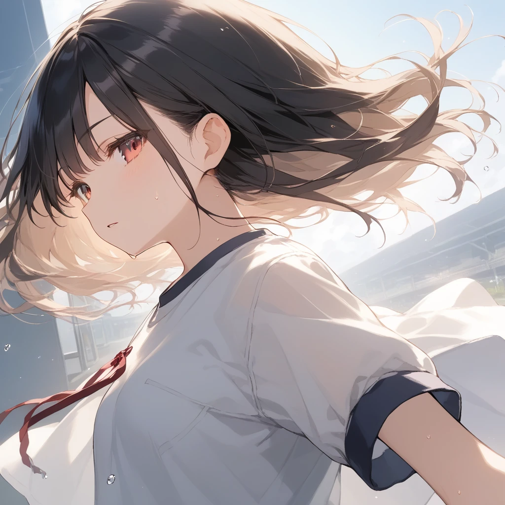 score_9, score_8_up, score_7_up, source_anime, best quality, masterpiece, official art, absurdres, highres, ultra-detailed,waifu2x,Collection: Slice of Life,break,1girl, 15-year-old, short hair, black hair, small breasts, beautiful detailed face, beautiful detailed eyes, well-proportioned iris and pupils, parted lips, beautiful detailed lips, gym uniform, byke shorts, sweat, expressionless, sleepily, School, outdoors, wind, break,(clear line illustration:1.2),very high resolution, very aesthetic, super detailed skin, Best cinematic lighting powered by famous artist, 8k, beauty illustration,photoshop_(medium),,(Detailed Lighting),best anime 8k konachan wallpaper, pixiv contest winner, 